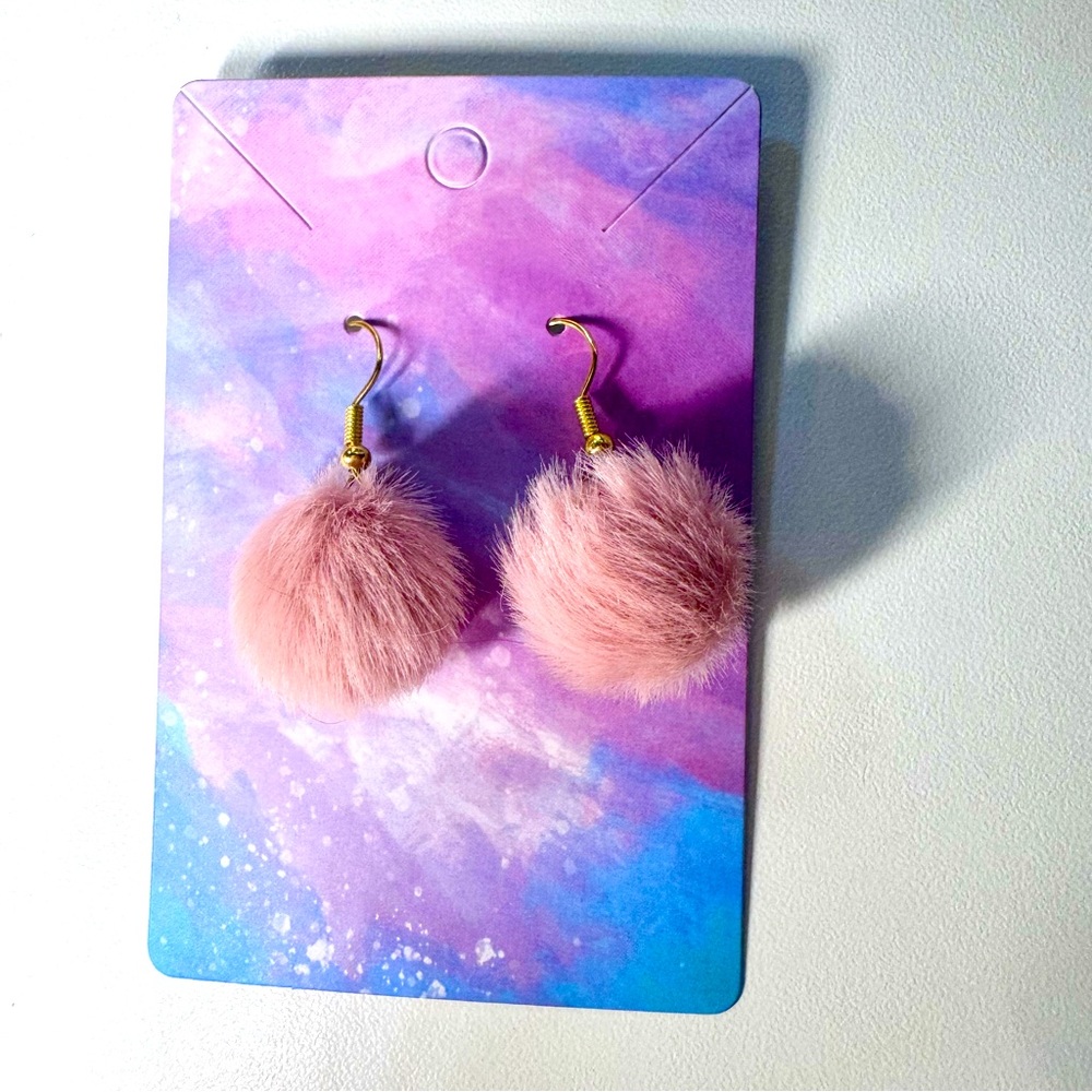 Pink fuzz ball gold stainless steel hook earrings